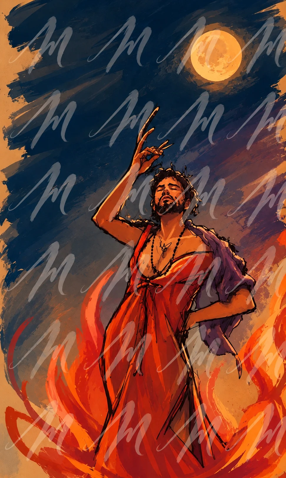 Sacred Transgression: expressive painting of a figure in a red dress beneath an orange moon, with repeated translucent Misuae M watermarks