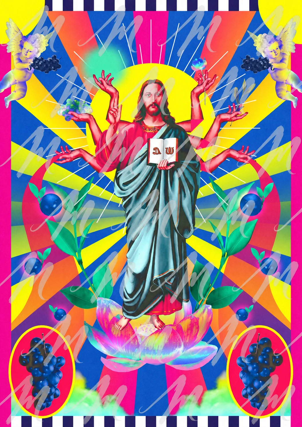 Prismatic Omni: vivid symmetrical painting of a many-armed figure amid radiant color and grape motifs, with repeated translucent Misuae M watermarks