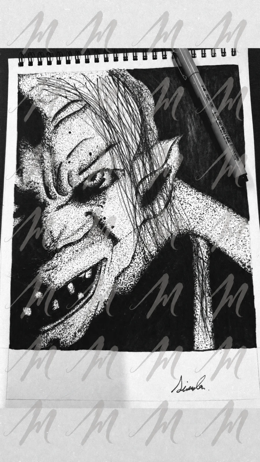 Horned face with long hair, drawn in stippled black ink on a sketchbook page, with repeated translucent Misuae M watermarks