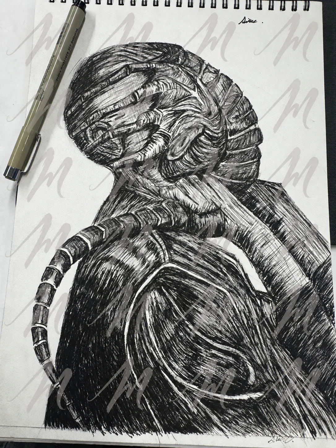 Biomechanical head and torso rendered in dense crosshatched ink, with repeated translucent Misuae M watermarks