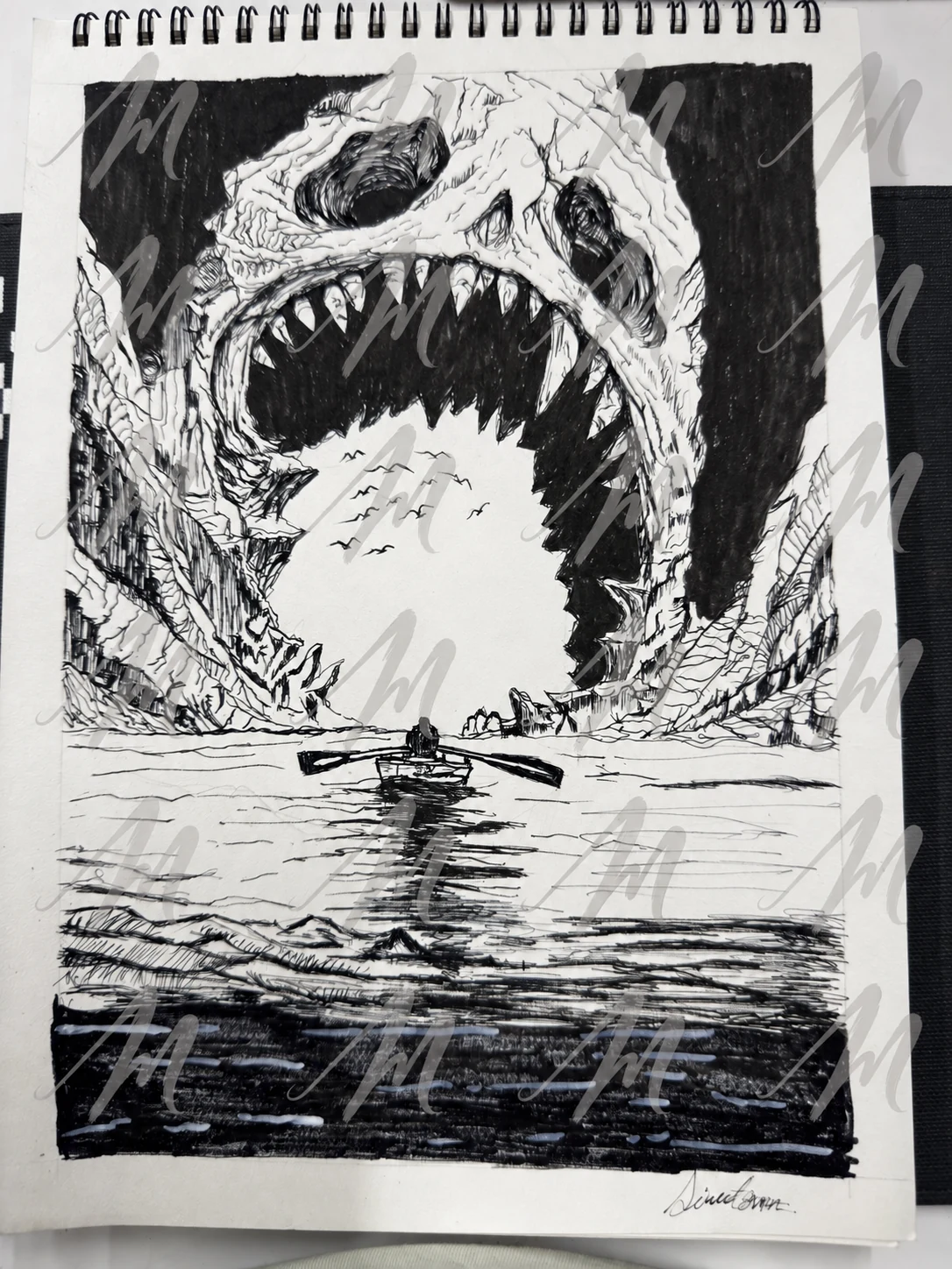Rowboat approaching a vast skull-shaped cavern, drawn in black ink, with repeated translucent Misuae M watermarks