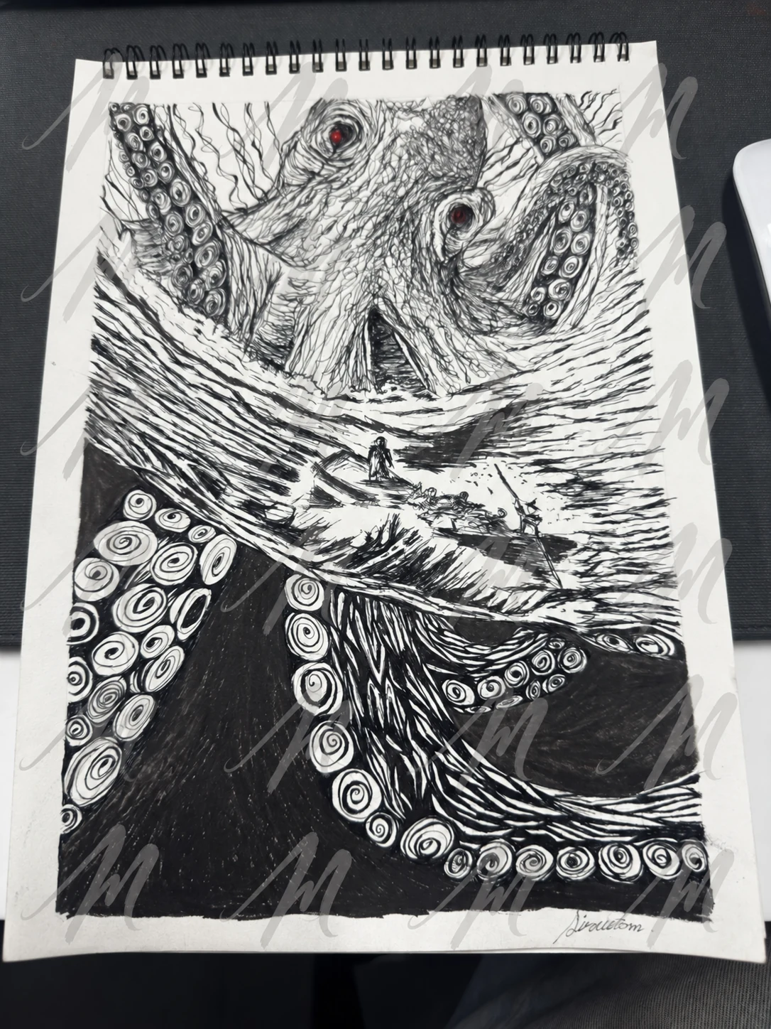 Boat among waves and giant tentacles beneath red eyes, drawn in ink, with repeated translucent Misuae M watermarks