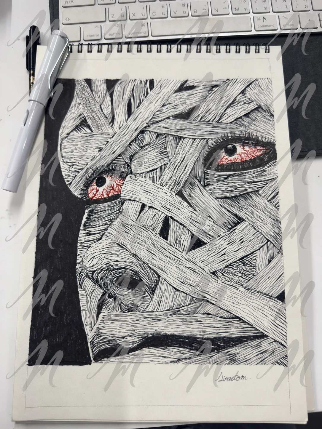 Bandaged face with red-veined eyes, drawn in fine ink lines, with repeated translucent Misuae M watermarks